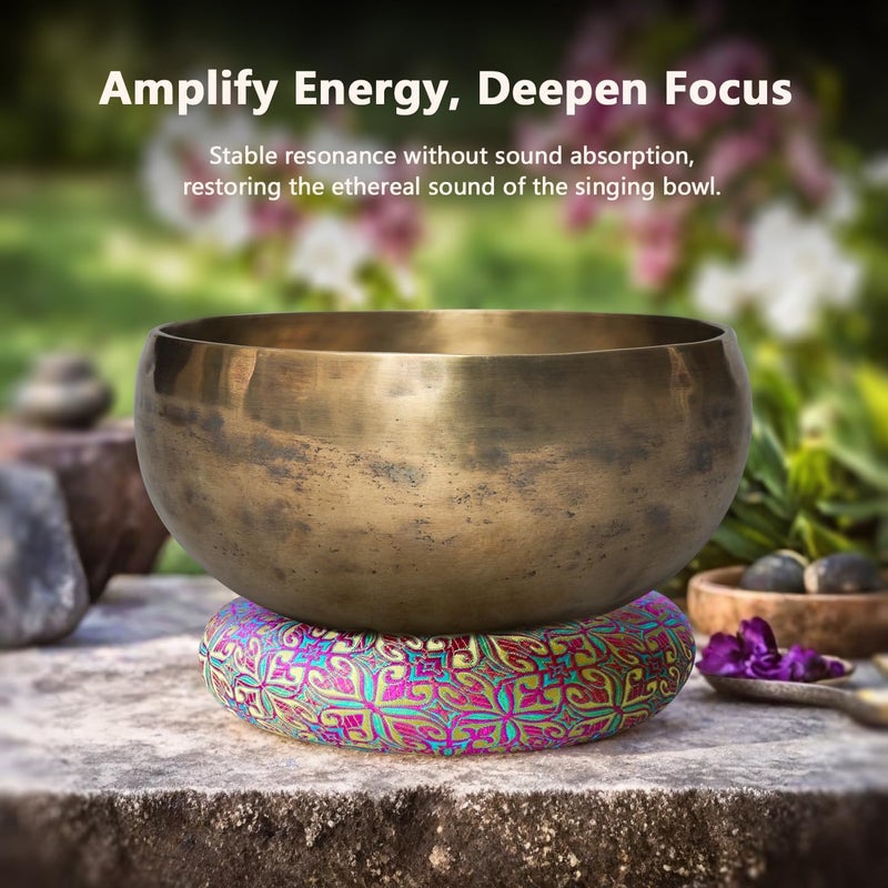 UPCEED Singing Bowl Cushion for Tibetan Singing Bowls, Handmade Silk Brocade Round Cushion Pillow for Sound Healing and Crystal Sound Bowls Accessories(YellowPurple,6.7 Inch) - Image 4